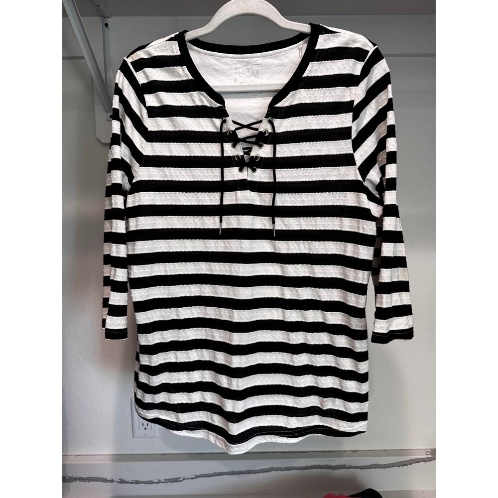 FDJ Women's 3/4 Sleeve Striped Blouse Tie Up ‎ Black White Size Large